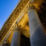 The Pantheon facade columns at night blue hour. Rome, Italy